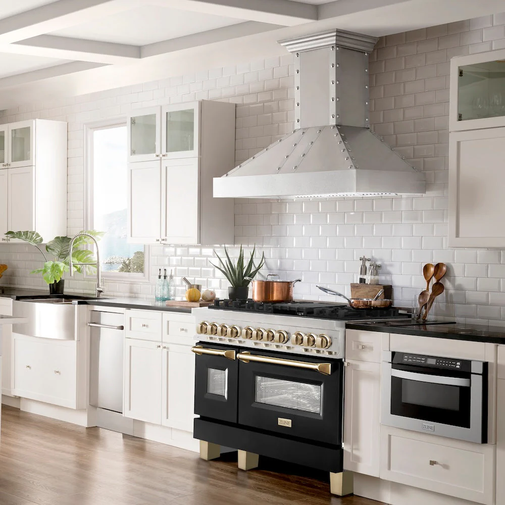 ZLINE Autograph Edition 48 in. 6.0 cu. ft. Legacy Dual Fuel Range with 7 Burner Gas Cooktop and 2 Electric Ovens in Stainless Steel with Black Matte Doors and Polished Gold Accents, Open Box-Good Condition - Image 2