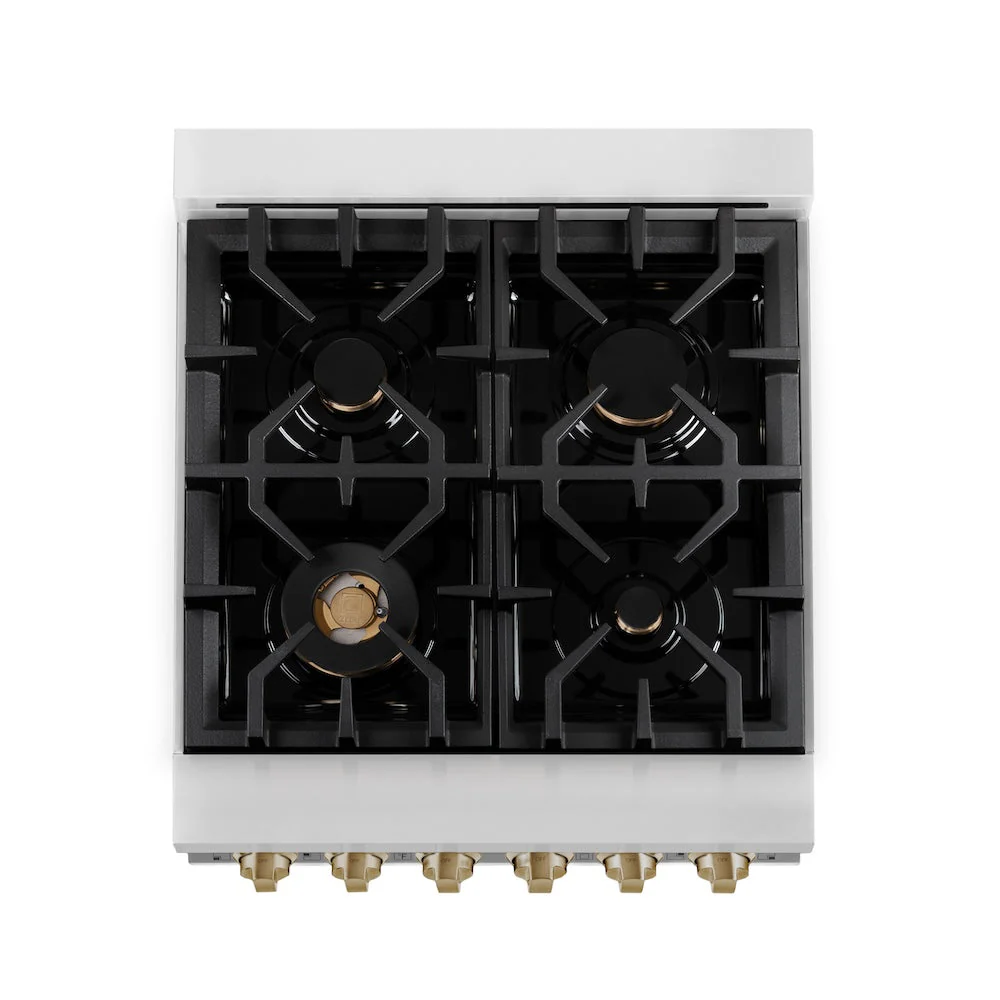ZLINE Autograph Edition 24 in. 2.8 cu. ft. Legacy Dual Fuel Range with 4 Burner Gas Cooktop and Electric Convection Oven in Stainless Steel with White Matte Door and Champagne Bronze Accents, Open Box-Good Condition - Image 5