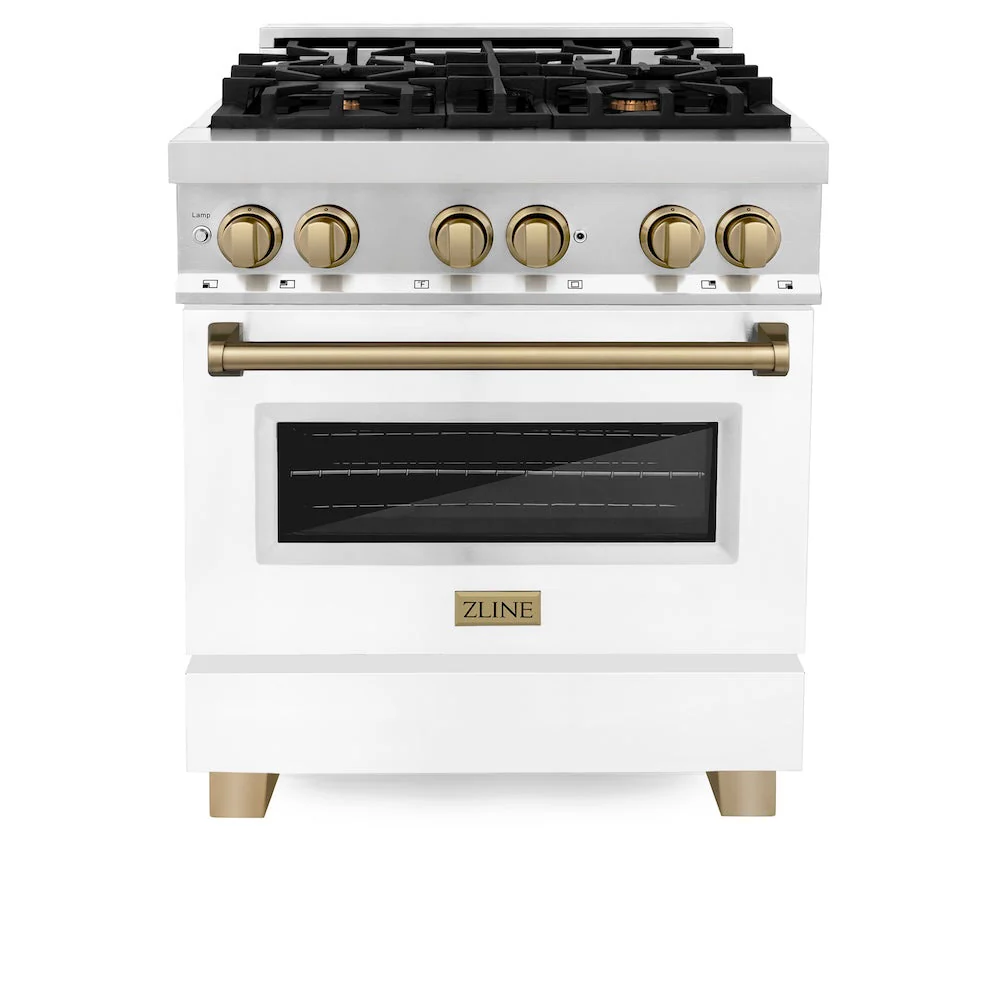 ZLINE Autograph Edition 30 in. 4.0 cu. ft. Legacy Dual Fuel Range with 4 Burner Gas Cooktop and Electric Convection Oven in Stainless Steel with White Matte Door and Champagne Bronze Accents, Open Box-Good Condition - Image 5