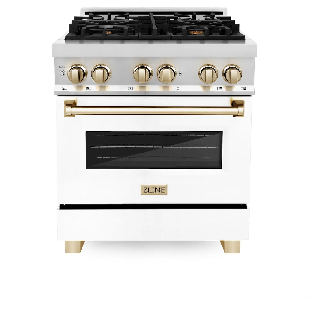 ZLINE Autograph Edition 30 in. 4.0 cu. ft. Legacy Dual Fuel Range with 4 Burner Gas Cooktop and Electric Convection Oven in Stainless Steel with White Matte Door and Polished Gold Accents, Open Box-Good Condition - Image 4