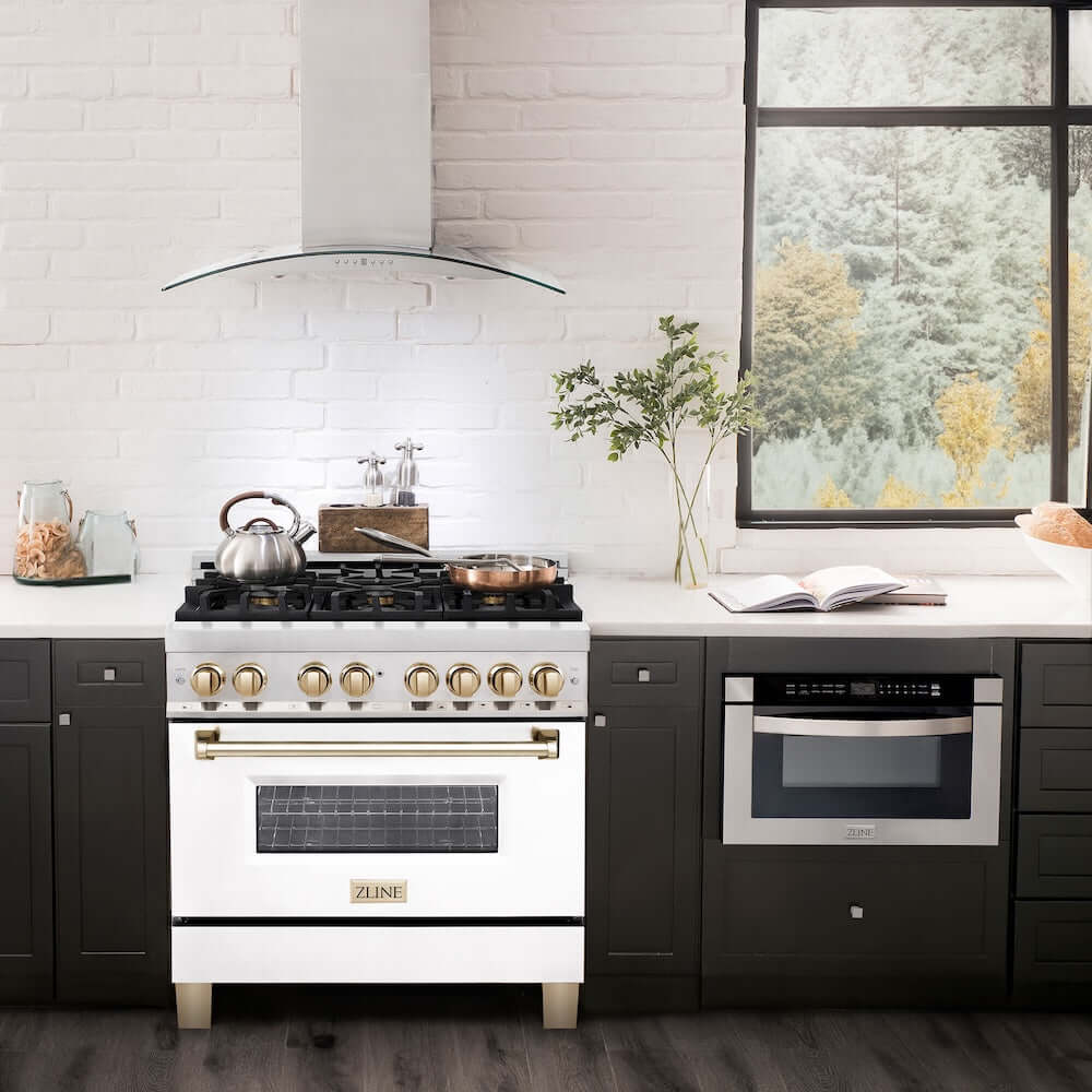 ZLINE Autograph Edition 36 in. 4.6 cu. ft. Legacy Dual Fuel Range with 6 Burner Gas Cooktop and Electric Convection Oven in Stainless Steel with White Matte Door and Polished Gold Accents, Open Box-Good Condition - Image 16