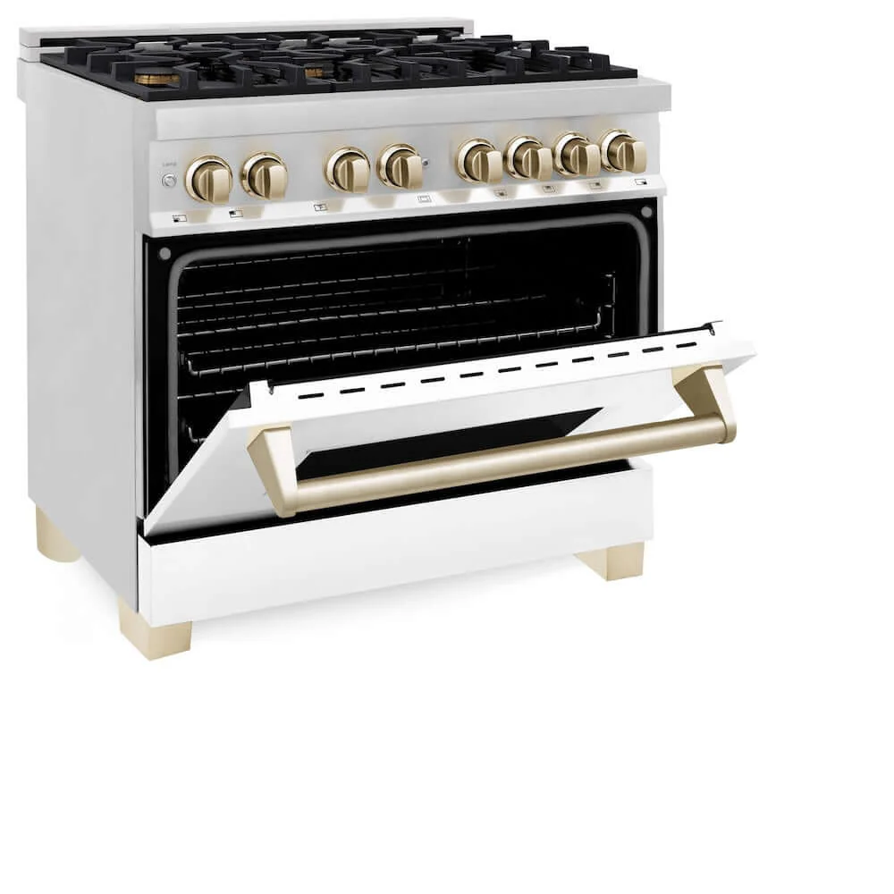 ZLINE Autograph Edition 36 in. 4.6 cu. ft. Legacy Dual Fuel Range with 6 Burner Gas Cooktop and Electric Convection Oven in Stainless Steel with White Matte Door and Polished Gold Accents, Open Box-Good Condition - Image 5