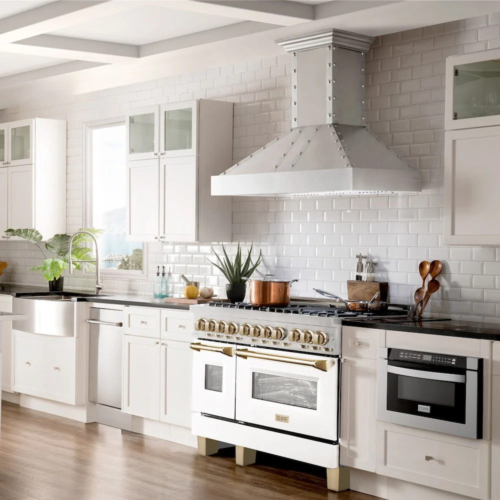 ZLINE Autograph Edition 48 in. 6.0 cu. ft. Legacy Dual Fuel Range with 7 Burner Gas Cooktop and 2 Electric Ovens in Stainless Steel with White Matte Doors and Polished Gold Accents, Open Box-Good Condition - Image 2