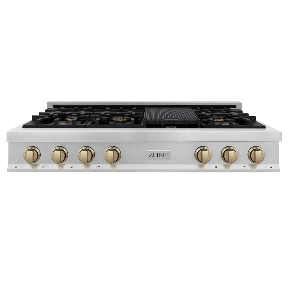 ZLINE Autograph Edition 48 in. Legacy Gas Rangetop with 7 Burners and Porcelain Cooktop in Satin Stainless Steel with Champagne Bronze Accents, Open Box-Good Condition - Image 4