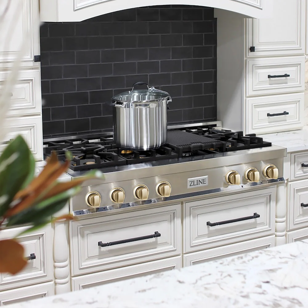 ZLINE Autograph Edition 48 in. Legacy Gas Rangetop with 7 Burners and Porcelain Cooktop in Stainless Steel with Polished Gold Accents, Open Box-Good Condition - Image 2