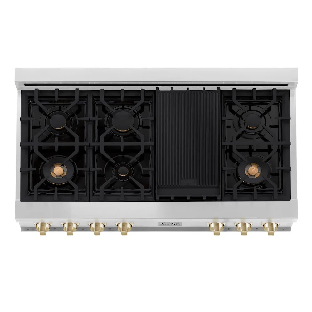 ZLINE Autograph Edition 48 in. Legacy Gas Rangetop with 7 Burners and Porcelain Cooktop in Stainless Steel with Polished Gold Accents, Open Box-Good Condition - Image 4