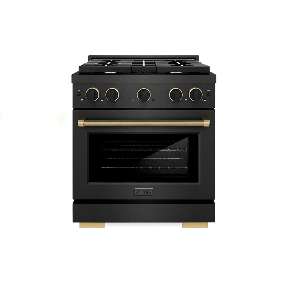ZLINE Designer Collection 30 in. 4.2 cu. ft. Paramount Dual Fuel Range with 4 Burner Gas Cooktop and Electric Convection Oven in Black Satin Stainless Steel with Matte Black and Champagne Bronze Accents, Open Box-Good Condition