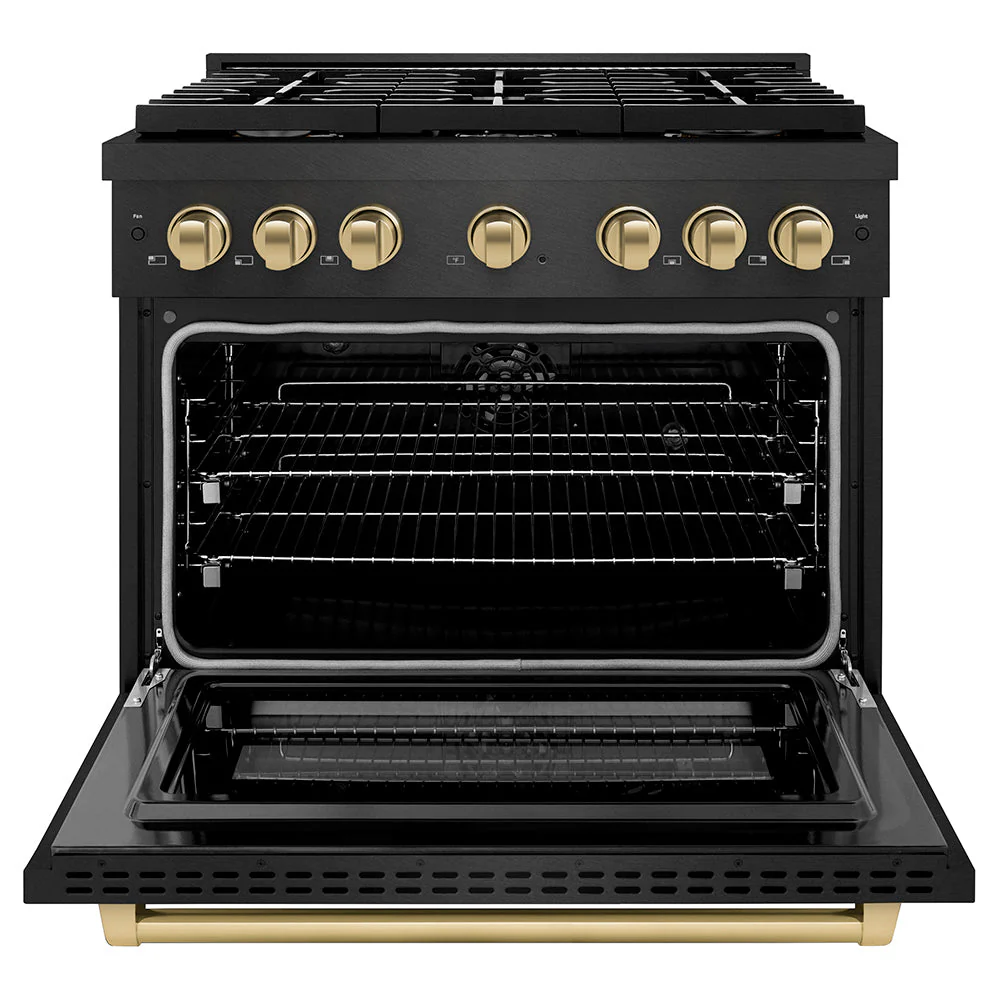 ZLINE Autograph Edition 36 in. 5.2 cu. ft. Paramount Dual Fuel Range with 6 Burner Gas Cooktop and Electric Convection Oven in Black Satin Stainless Steel with Champagne Bronze Accents, Open Box-Good Condition - Image 9