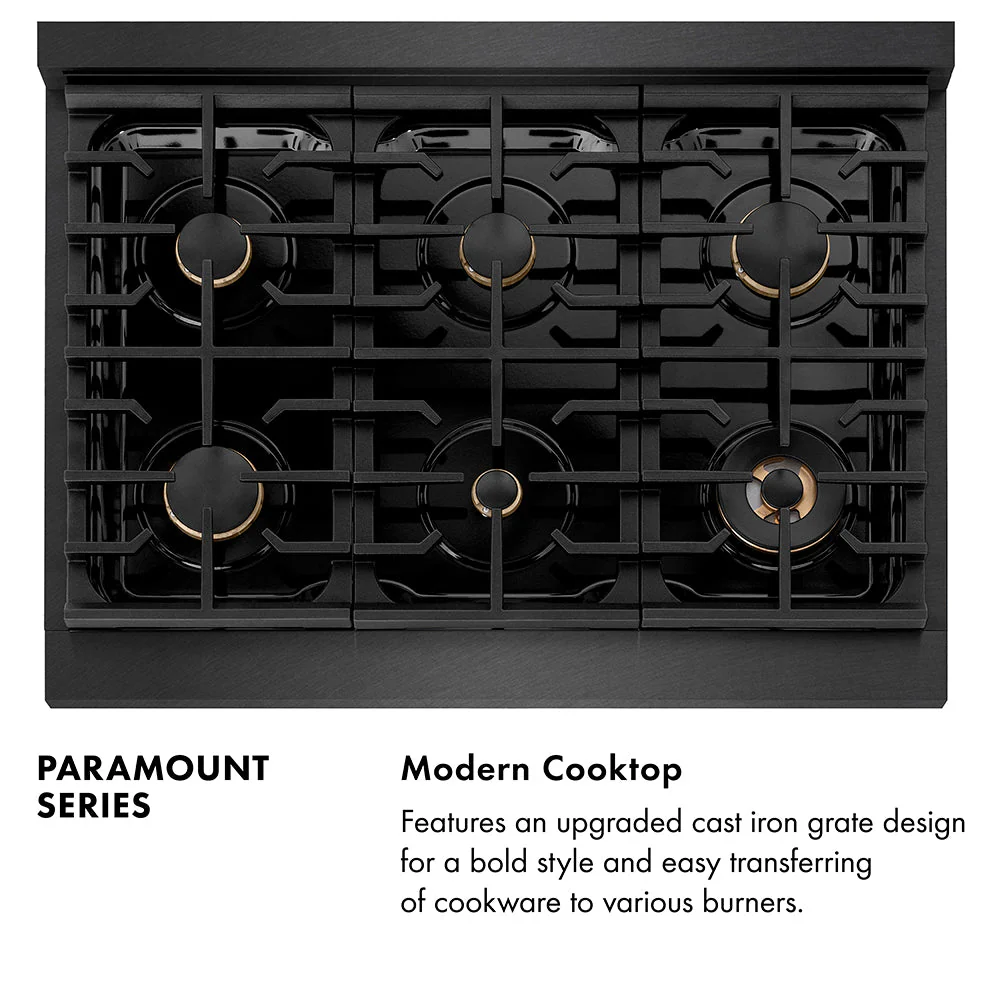 ZLINE Autograph Edition 36 in. 5.2 cu. ft. Paramount Dual Fuel Range with 6 Burner Gas Cooktop and Electric Convection Oven in Black Satin Stainless Steel with Polished Gold Accents, Open Box-Good Condition - Image 5