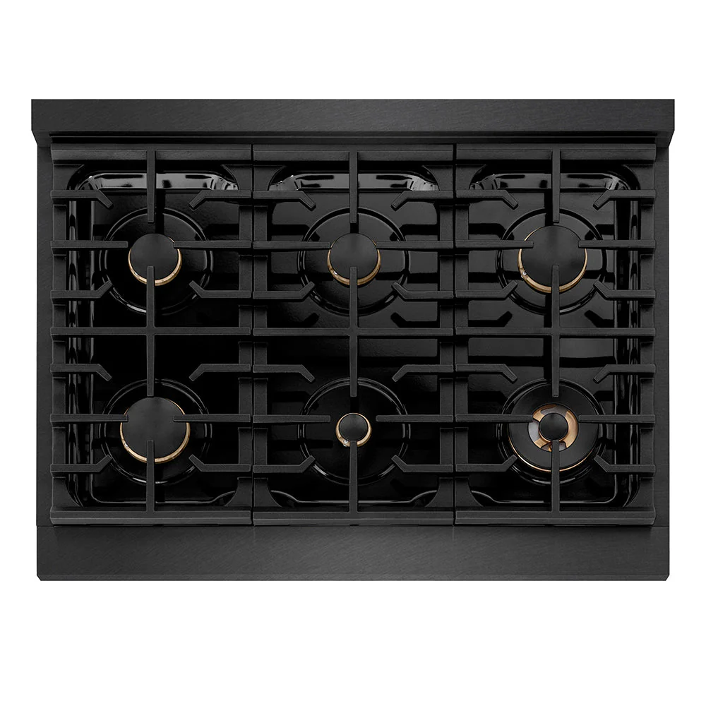 ZLINE Designer Collection 36 in. 5.2 cu. ft. Paramount Dual Fuel Range with 6 Burner Gas Cooktop and Electric Convection Oven in Black Satin Stainless Steel with Matte Black and Champagne Bronze Accents, Open Box-Good Condition - Image 7