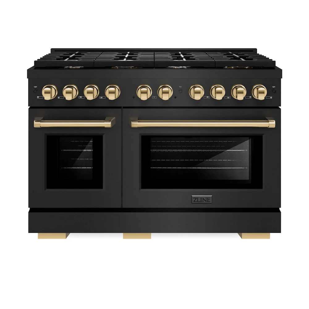ZLINE Autograph Edition 48 in. 6.7 cu. ft. Paramount Double Oven Dual Fuel Range with 8 Burner Gas Cooktop in Black Stainless Steel and Polished Gold Accents, Open Box-Good Condition - Image 4