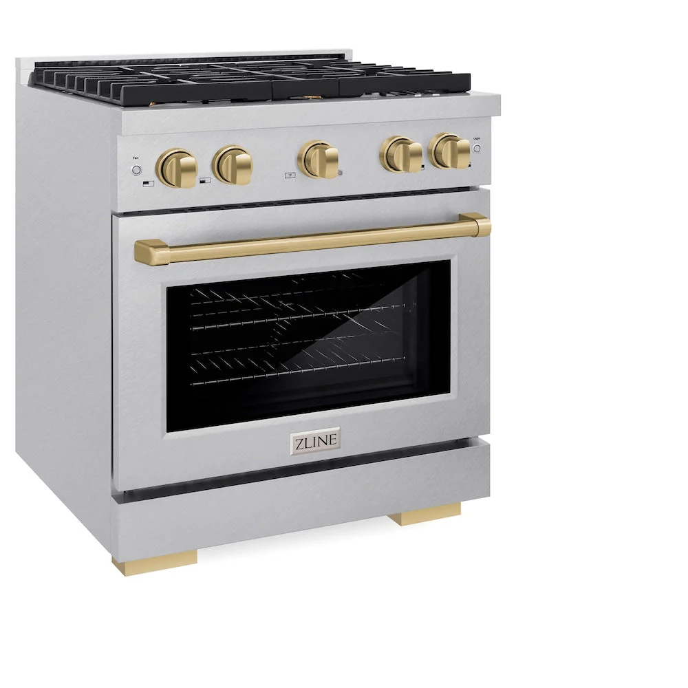 ZLINE Autograph Edition 30 in. 4.2 cu. ft. Paramount Dual Fuel Range with 4 Burner Gas Cooktop and Electric Convection Oven in Satin Stainless Steel with Champagne Bronze Accents, Open Box-Good Condition - Image 4