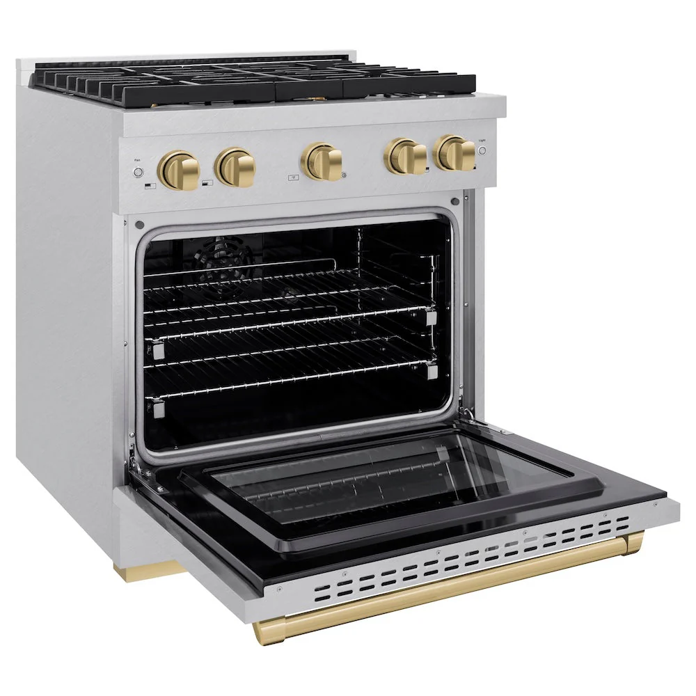 ZLINE Autograph Edition 30 in. 4.2 cu. ft. Paramount Dual Fuel Range with 4 Burner Gas Cooktop and Electric Convection Oven in Satin Stainless Steel with Champagne Bronze Accents, Open Box-Good Condition - Image 5