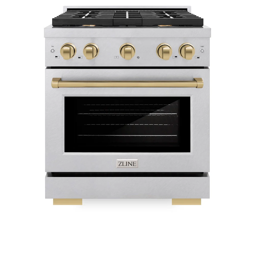 ZLINE Autograph Edition 30 in. 4.2 cu. ft. Paramount Dual Fuel Range with 4 Burner Gas Cooktop and Electric Convection Oven in Satin Stainless Steel with Champagne Bronze Accents, Open Box-Good Condition - Image 7