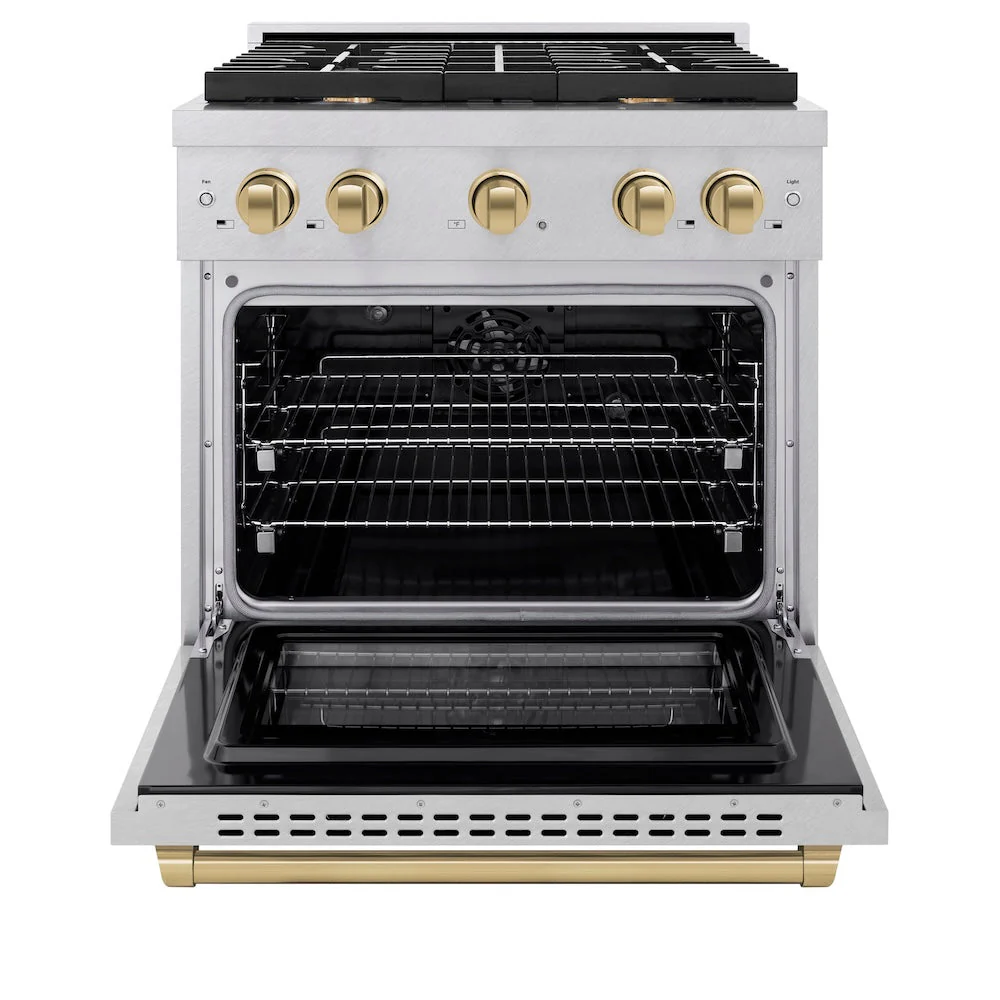 ZLINE Autograph Edition 30 in. 4.2 cu. ft. Paramount Dual Fuel Range with 4 Burner Gas Cooktop and Electric Convection Oven in Satin Stainless Steel with Champagne Bronze Accents, Open Box-Good Condition - Image 8