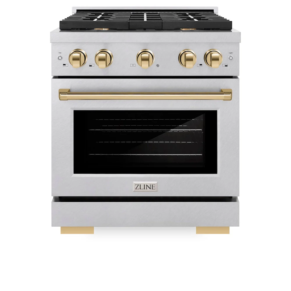 ZLINE Autograph Edition 30 in. 4.2 cu. ft. Paramount Dual Fuel Range with 4 Burner Gas Cooktop and Electric Convection Oven in Satin Stainless Steel with Polished Gold Accents, Open Box-Good Condition - Image 7