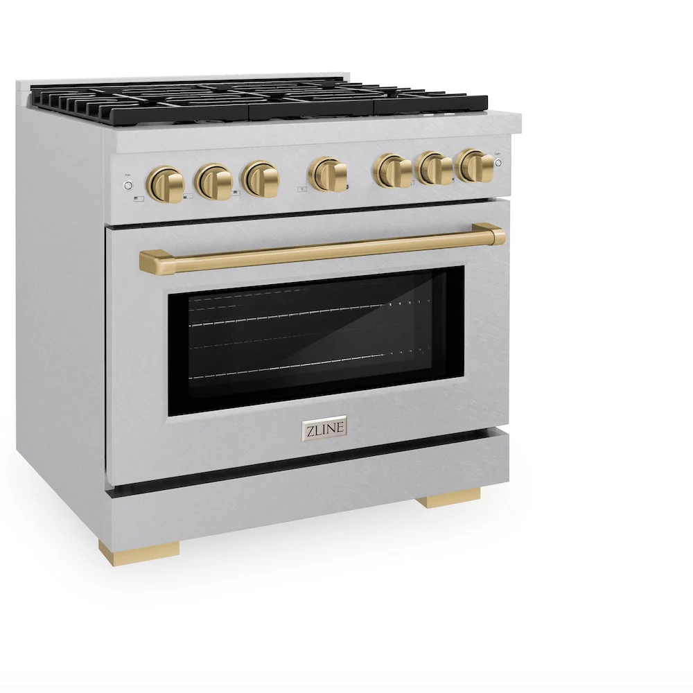 ZLINE Autograph Edition 36 in. 5.2 cu. ft. Paramount Dual Fuel Range with 6 Burner Gas Cooktop and Electric Convection Oven in Satin Stainless Steel with Champagne Bronze Accents, Open Box-Good Condition - Image 4