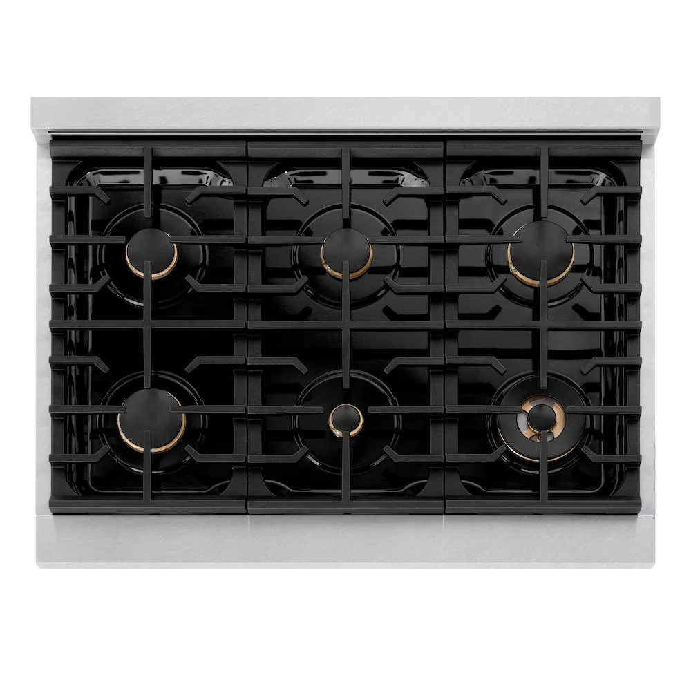ZLINE Autograph Edition 36 in. 5.2 cu. ft. Paramount Dual Fuel Range with 6 Burner Gas Cooktop and Electric Convection Oven in Satin Stainless Steel with Champagne Bronze Accents, Open Box-Good Condition - Image 5