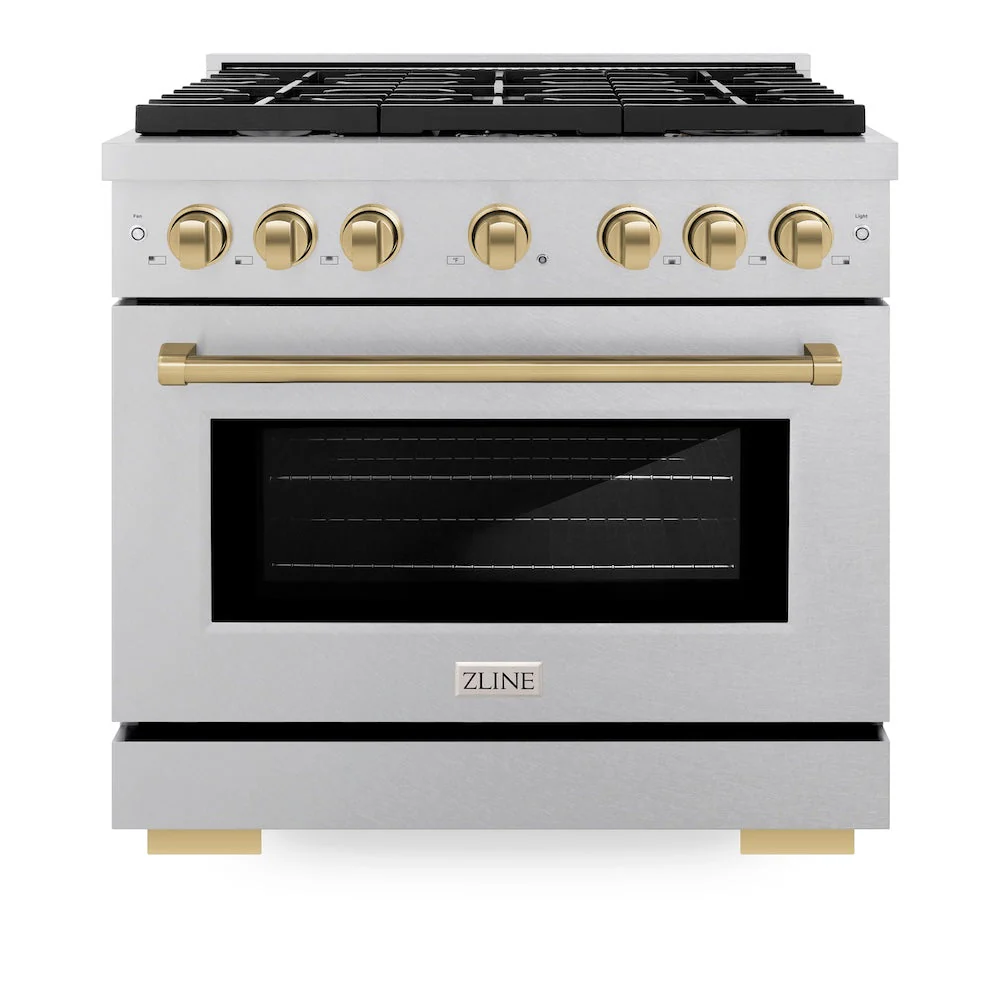ZLINE Autograph Edition 36 in. 5.2 cu. ft. Paramount Dual Fuel Range with 6 Burner Gas Cooktop and Electric Convection Oven in Satin Stainless Steel with Champagne Bronze Accents, Open Box-Good Condition - Image 6
