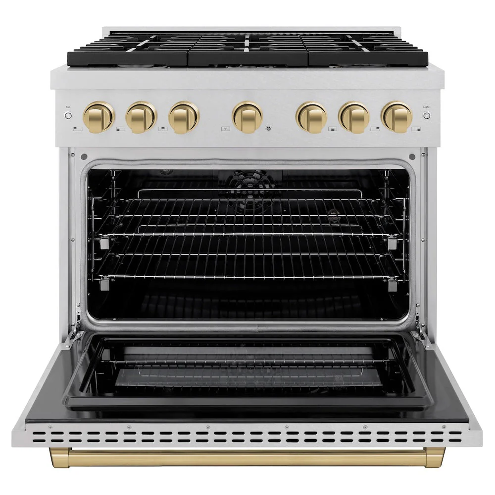 ZLINE Autograph Edition 36 in. 5.2 cu. ft. Paramount Dual Fuel Range with 6 Burner Gas Cooktop and Electric Convection Oven in Satin Stainless Steel with Champagne Bronze Accents, Open Box-Good Condition - Image 7
