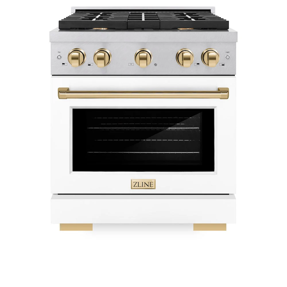 ZLINE Autograph Edition 30 in. 4.2 cu. ft. Paramount Dual Fuel Range with 4 Burner Gas Cooktop and Electric Convection Oven in Satin Stainless Steel with White Matte Door and Polished Gold Accents, Open Box-Good Condition - Image 7