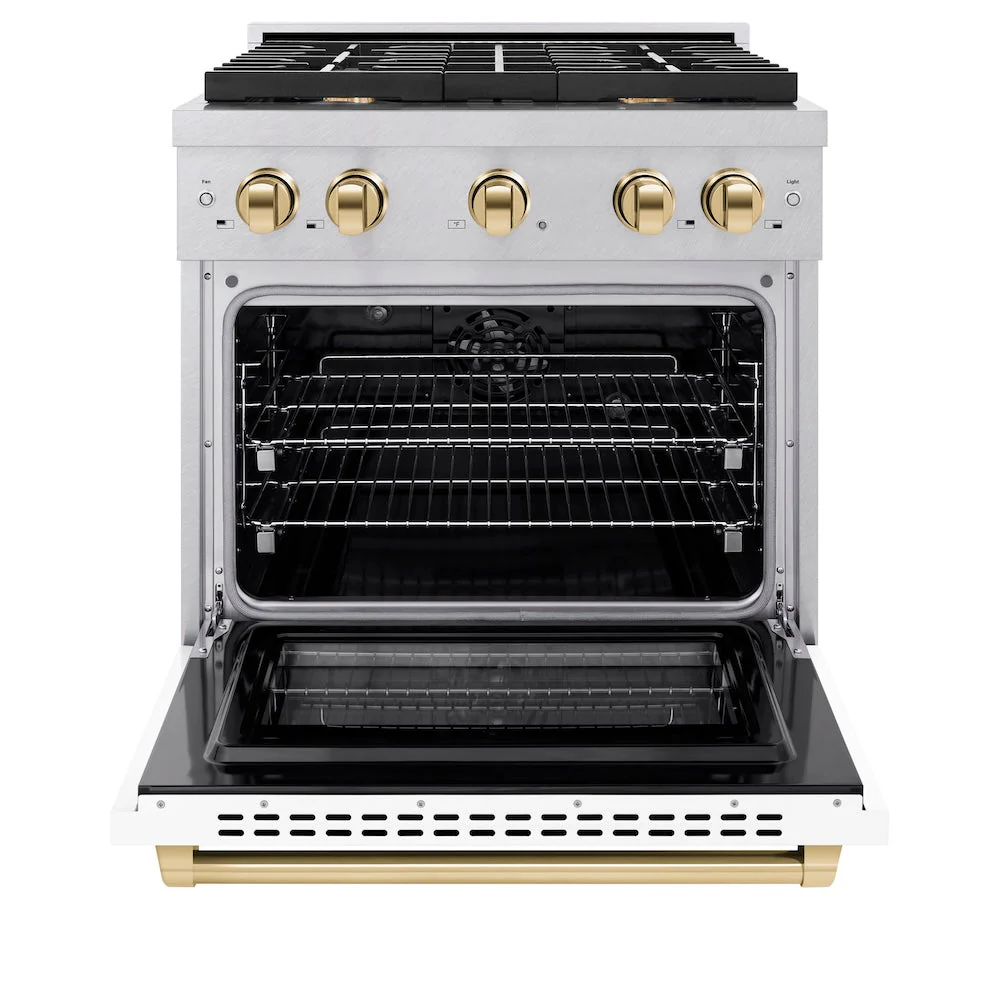 ZLINE Autograph Edition 30 in. 4.2 cu. ft. Paramount Dual Fuel Range with 4 Burner Gas Cooktop and Electric Convection Oven in Satin Stainless Steel with White Matte Door and Polished Gold Accents, Open Box-Good Condition - Image 8