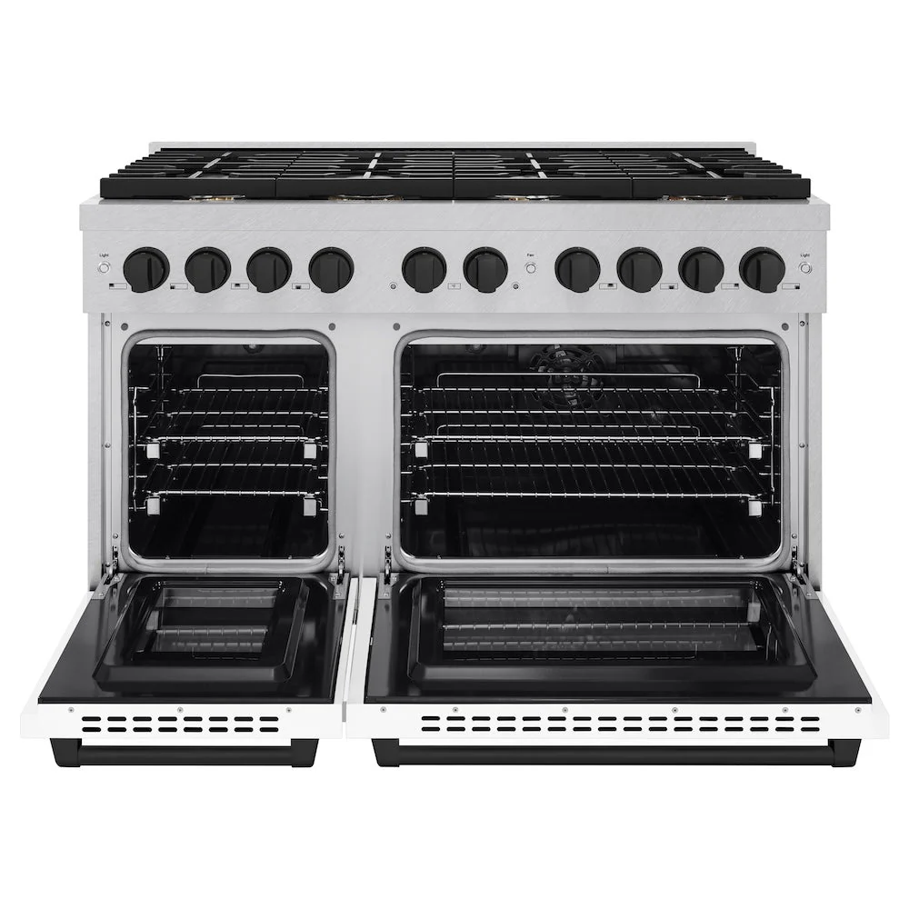 ZLINE Autograph Edition 48 in. 6.7 cu. ft. Paramount Double Oven Dual Fuel Range with 8 Burner Gas Cooktop in Satin Stainless Steel with White Matte Doors and Matte Black Accents, Open Box-Good Condition - Image 7