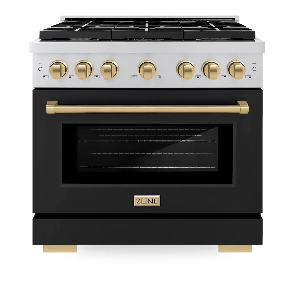 ZLINE Autograph Edition 36 in. 5.2 cu. ft. Paramount Dual Fuel Range with 6 Burner Gas Cooktop and Electric Convection Oven in Stainless Steel with Black Matte Door and Champagne Bronze Accents, Open Box-Good Condition - Image 6