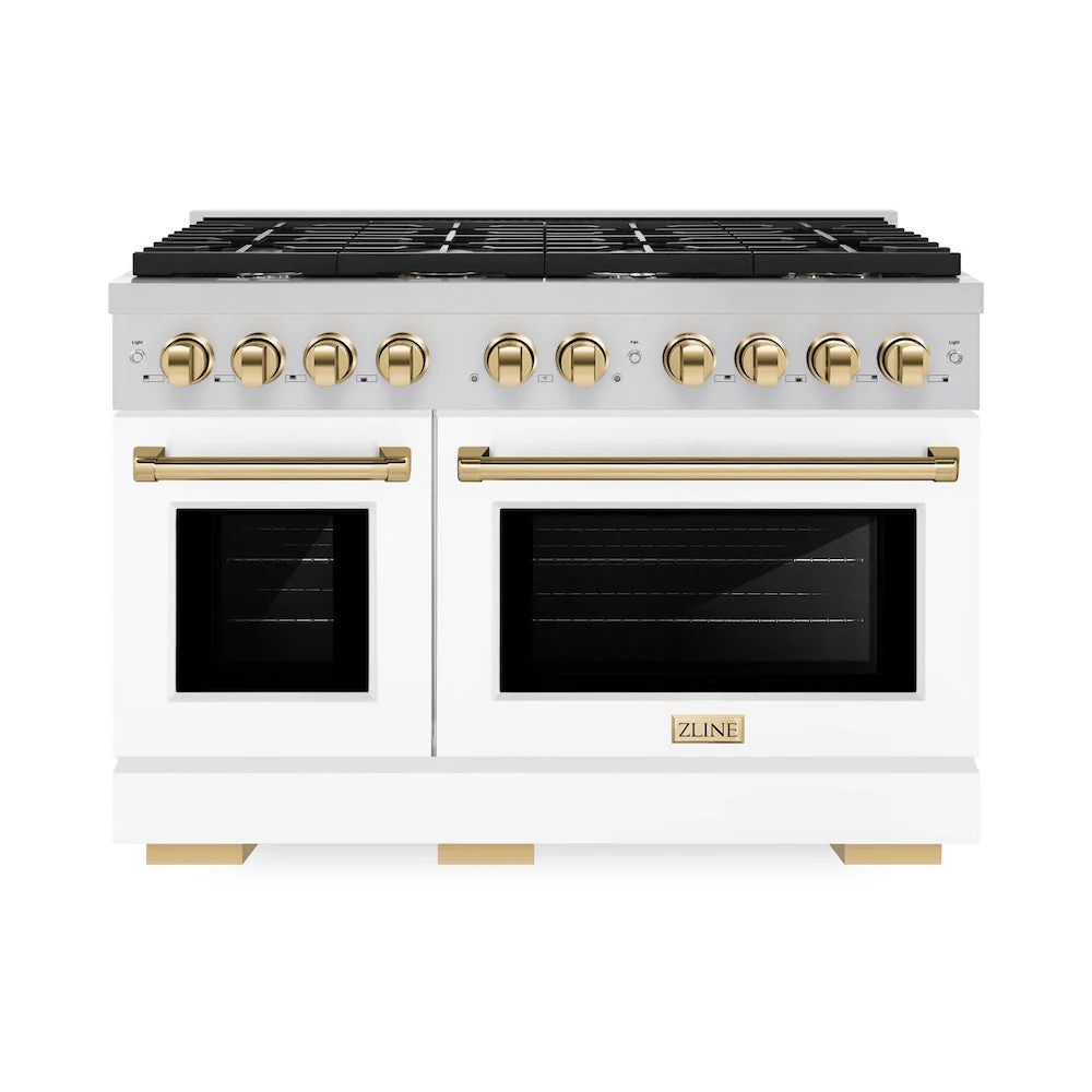 ZLINE Autograph Edition 48 in. 6.7 cu. ft. Paramount Double Oven Dual Fuel Range with 8 Burner Gas Cooktop in Stainless Steel with White Matte Doors and Polished Gold Accents, Open Box-Good Condition - Image 6