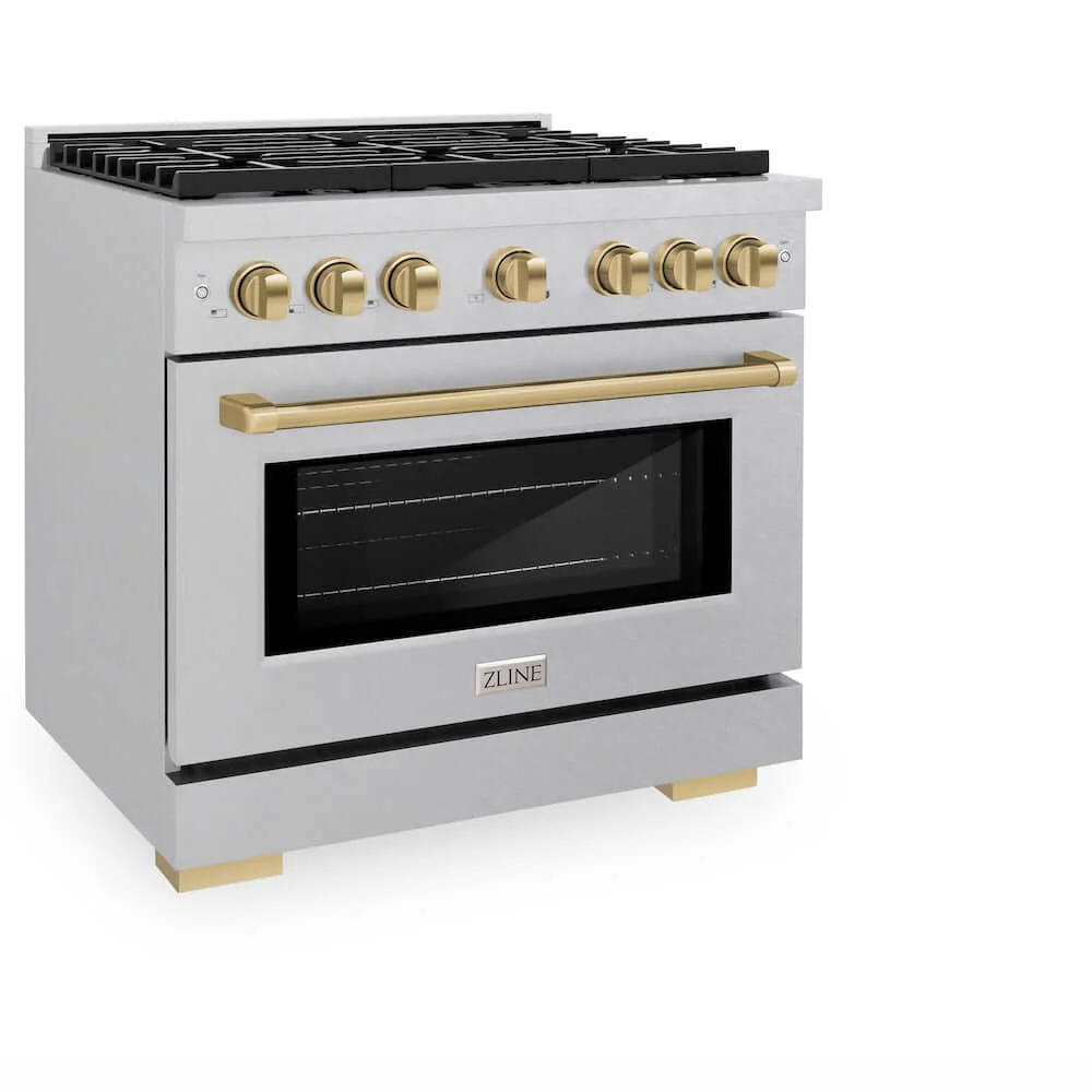ZLINE Autograph Edition 36 in. 5.2 cu. ft. Paramount Gas Range with 6 Burner Cooktop and Convection Gas Oven in Satin Stainless Steel and Champagne Bronze Accents, Open Box-Good Condition - Image 4