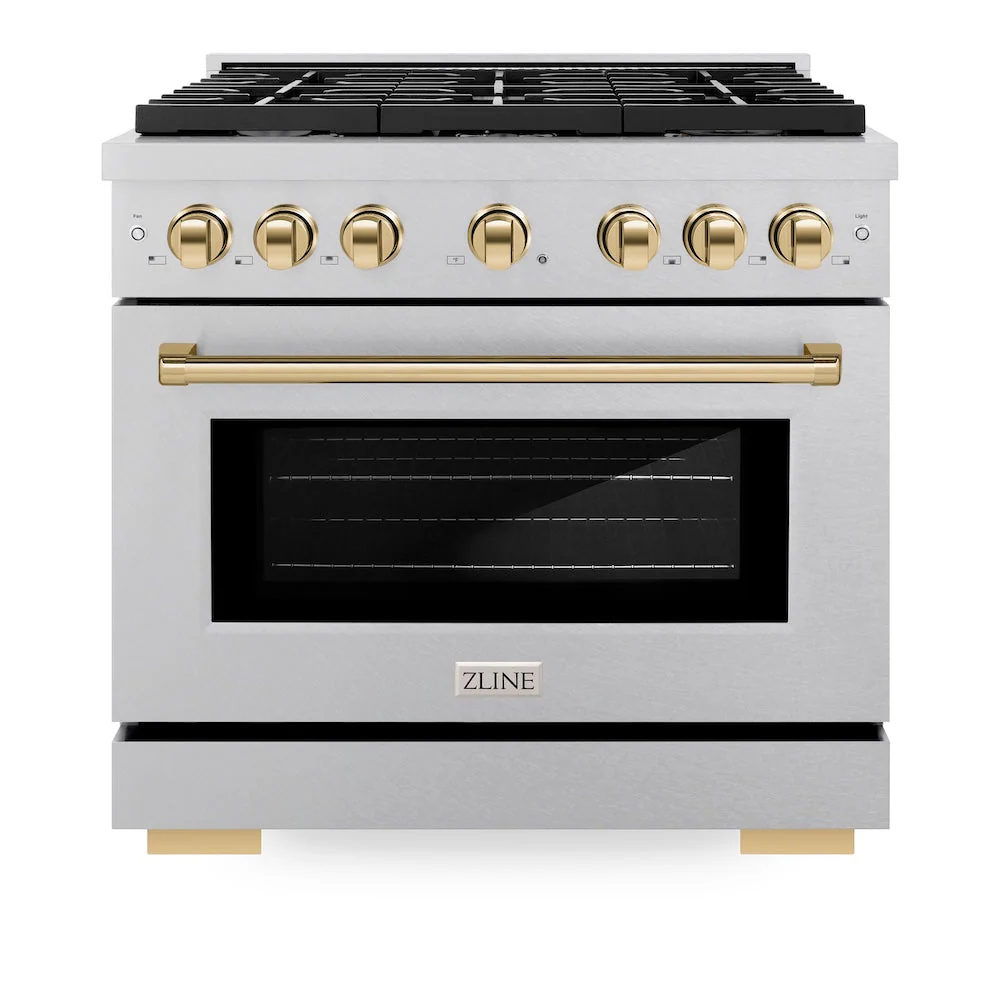ZLINE Autograph Edition 36 in. 5.2 cu. ft. Paramount Gas Range with 6 Burner Cooktop and Convection Gas Oven in Satin Stainless Steel and Polished Gold Accents, Open Box-Good Condition - Image 6