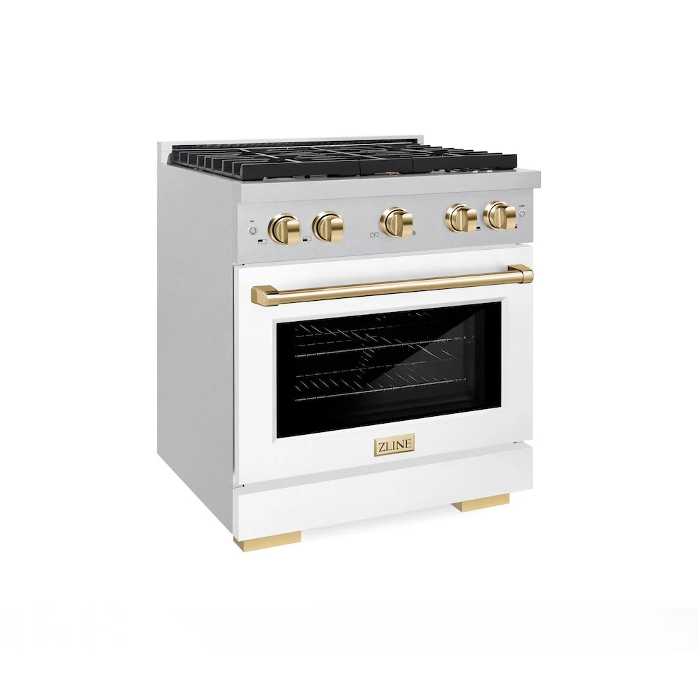 ZLINE Autograph Edition 30 in. 4.2 cu. ft. Paramount Gas Range with 4 Burner Cooktop and Convection Gas Oven in Satin Stainless Steel with White Matte Door and Polished Gold Accents, Open Box-Good Condition