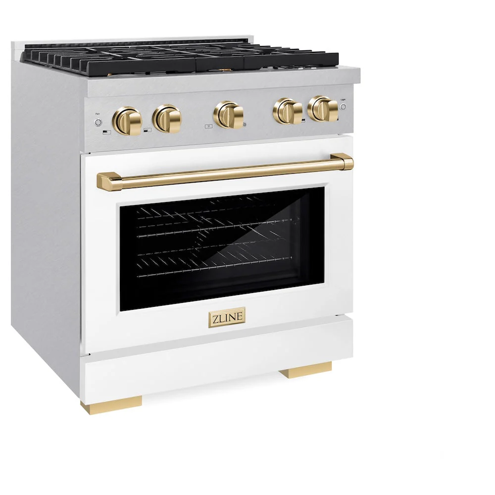 ZLINE Autograph Edition 30 in. 4.2 cu. ft. Paramount Gas Range with 4 Burner Cooktop and Convection Gas Oven in Satin Stainless Steel with White Matte Door and Polished Gold Accents, Open Box-Good Condition - Image 3