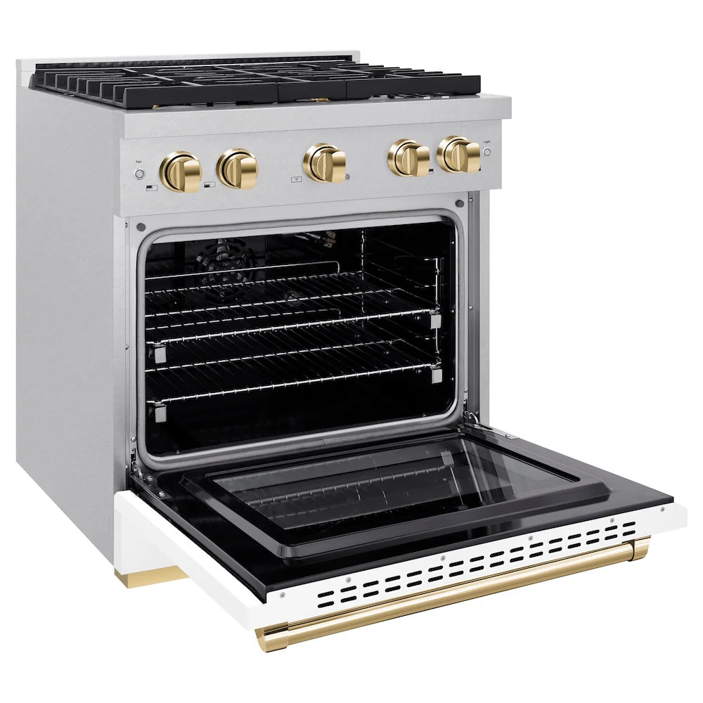 ZLINE Autograph Edition 30 in. 4.2 cu. ft. Paramount Gas Range with 4 Burner Cooktop and Convection Gas Oven in Satin Stainless Steel with White Matte Door and Polished Gold Accents, Open Box-Good Condition - Image 4