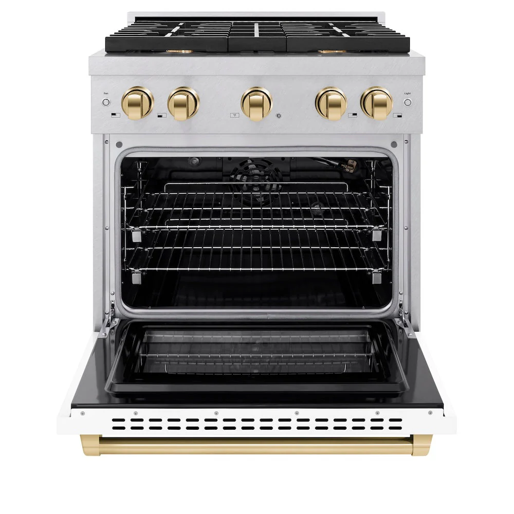 ZLINE Autograph Edition 30 in. 4.2 cu. ft. Paramount Gas Range with 4 Burner Cooktop and Convection Gas Oven in Satin Stainless Steel with White Matte Door and Polished Gold Accents, Open Box-Good Condition - Image 7