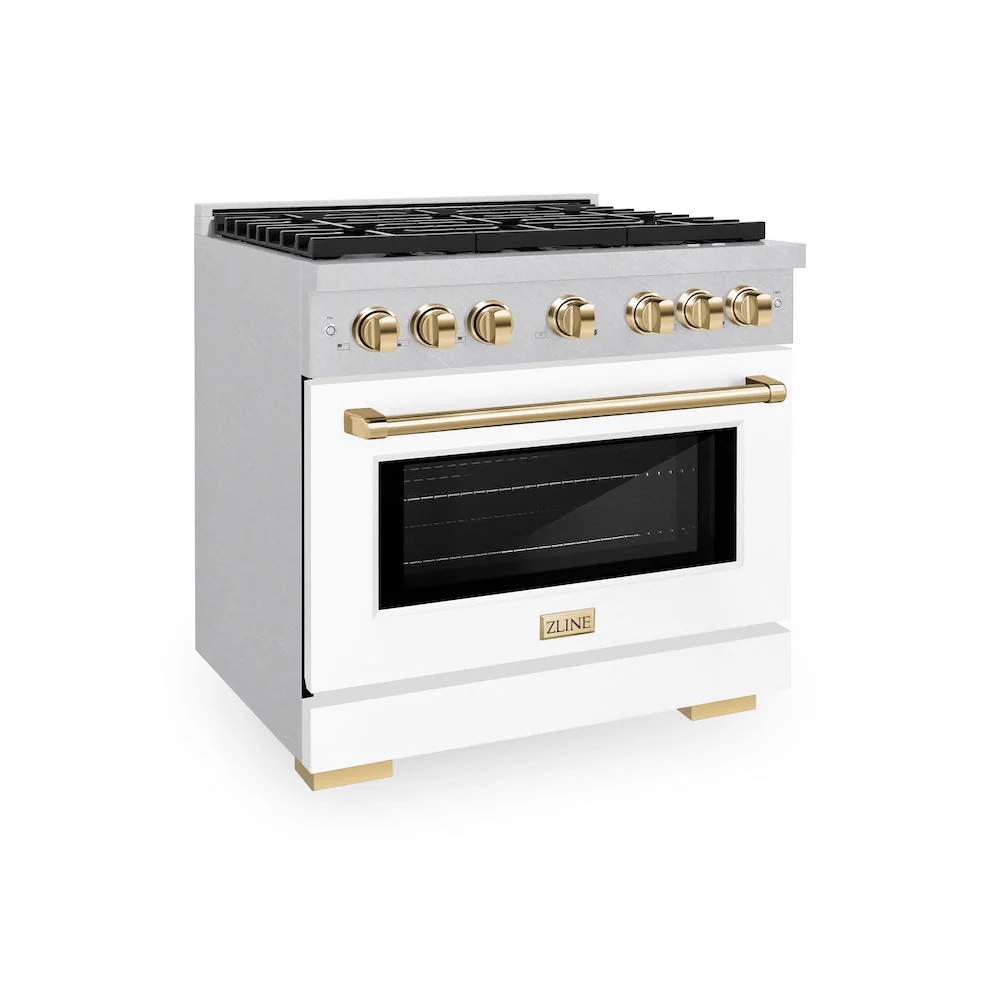 ZLINE Autograph Edition 36 in. 5.2 cu. ft. Paramount Gas Range with 6 Burner Cooktop and Convection Gas Oven in Satin Stainless Steel with White Matte Door and Polished Gold Accents, Open Box-Good Condition