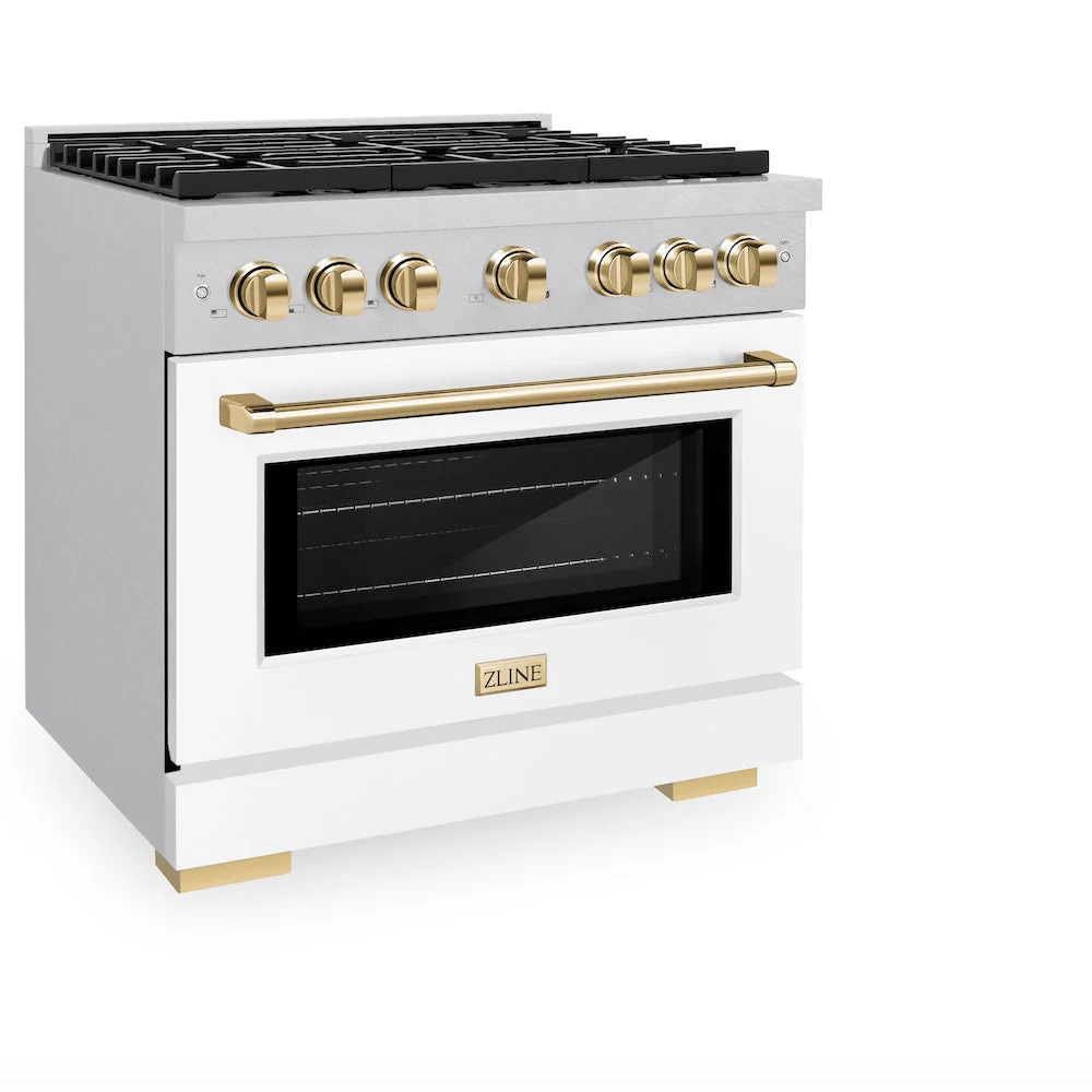 ZLINE Autograph Edition 36 in. 5.2 cu. ft. Paramount Gas Range with 6 Burner Cooktop and Convection Gas Oven in Satin Stainless Steel with White Matte Door and Polished Gold Accents, Open Box-Good Condition - Image 4