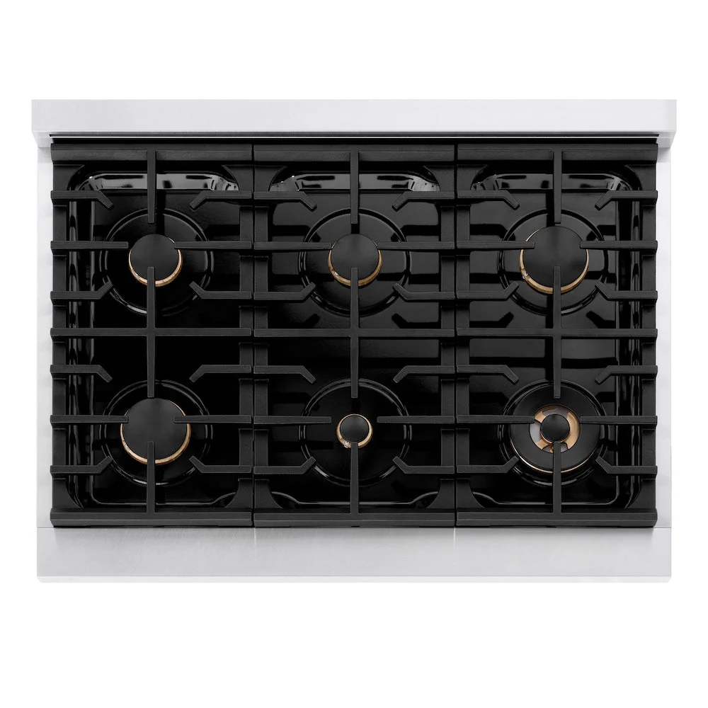 ZLINE Autograph Edition 36 in. 5.2 cu. ft. Paramount Gas Range with 6 Burner Cooktop and Convection Gas Oven in Satin Stainless Steel with White Matte Door and Polished Gold Accents, Open Box-Good Condition - Image 5