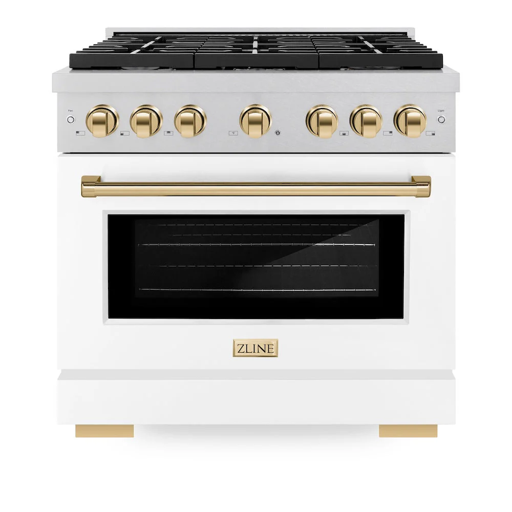ZLINE Autograph Edition 36 in. 5.2 cu. ft. Paramount Gas Range with 6 Burner Cooktop and Convection Gas Oven in Satin Stainless Steel with White Matte Door and Polished Gold Accents, Open Box-Good Condition - Image 6