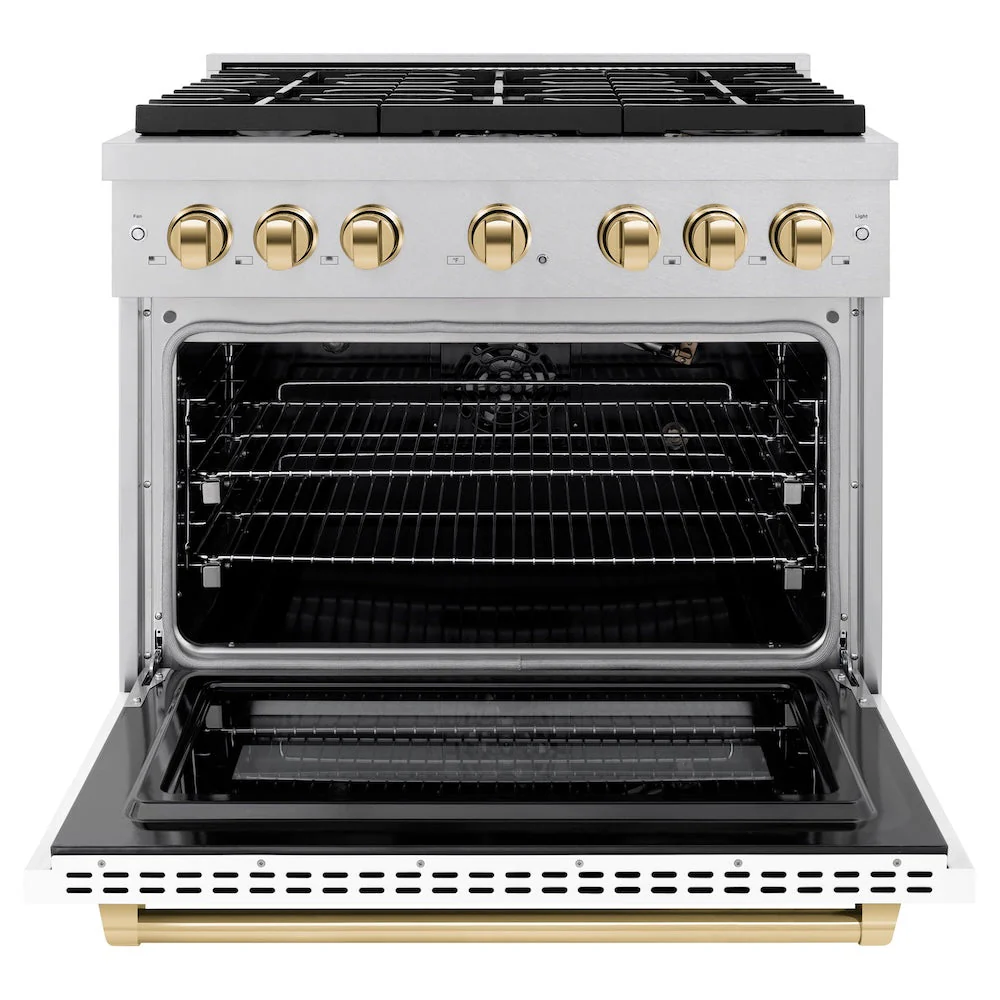 ZLINE Autograph Edition 36 in. 5.2 cu. ft. Paramount Gas Range with 6 Burner Cooktop and Convection Gas Oven in Satin Stainless Steel with White Matte Door and Polished Gold Accents, Open Box-Good Condition - Image 7