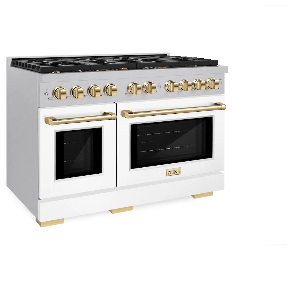 ZLINE Autograph Edition 48 in. 6.7 cu. ft. Paramount Double Oven Gas Range with 8 Burner Cooktop in Satin Stainless Steel with White Matte Doors and Polished Gold Accents, Open Box-Good Condition - Image 4