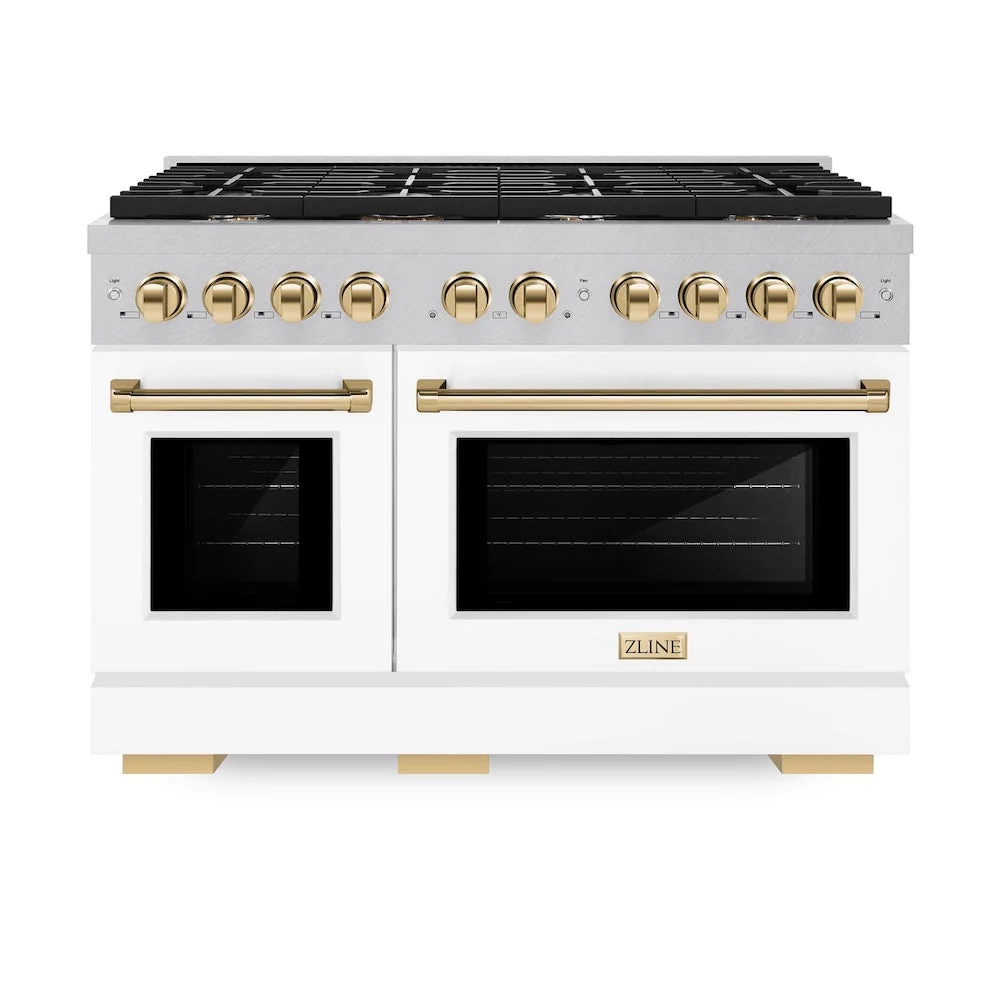 ZLINE Autograph Edition 48 in. 6.7 cu. ft. Paramount Double Oven Gas Range with 8 Burner Cooktop in Satin Stainless Steel with White Matte Doors and Polished Gold Accents, Open Box-Good Condition - Image 6