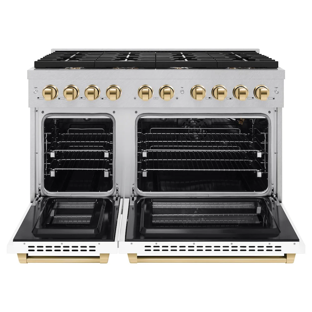 ZLINE Autograph Edition 48 in. 6.7 cu. ft. Paramount Double Oven Gas Range with 8 Burner Cooktop in Satin Stainless Steel with White Matte Doors and Polished Gold Accents, Open Box-Good Condition - Image 7