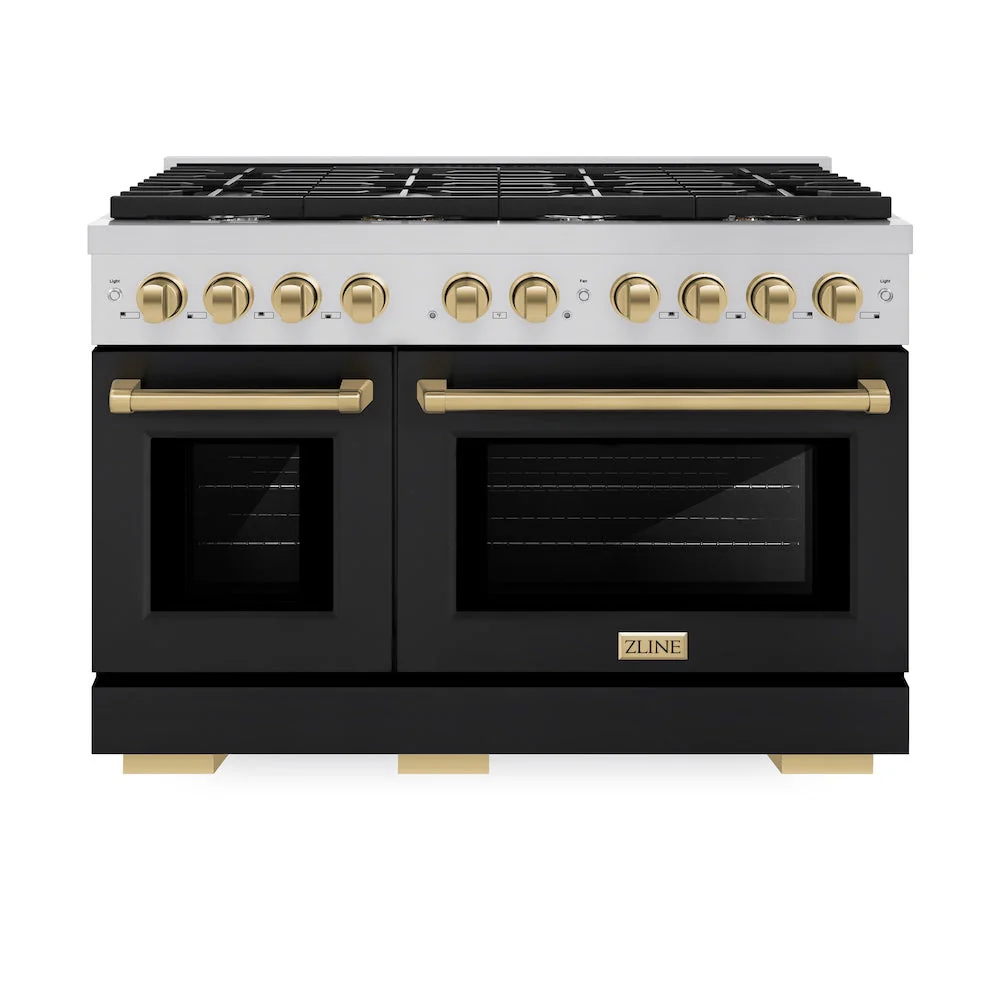 ZLINE Autograph Edition 48 in. 6.7 cu. ft. Paramount Double Oven Gas Range with 8 Burner Cooktop in Stainless Steel with Black Matte Doors and Champagne Bronze Accents, Open Box-Good Condition - Image 6