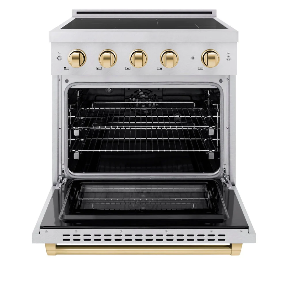 ZLINE Autograph Edition 30 in. 4.2 cu. ft. Paramount Induction Range with 4 Element Cooktop and Electric Convection Oven in Satin Stainless Steel with Polished Gold Accents, Open Box-Good Condition - Image 8