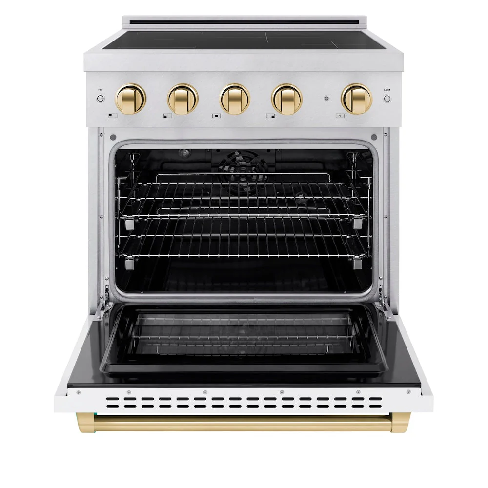 ZLINE Autograph Edition 30 in. 4.2 cu. ft. Paramount Induction Range with 4 Element Cooktop and Electric Convection Oven in Satin Stainless Steel with White Matte Door and Polished Gold Accents, Open Box-Good Condition - Image 8