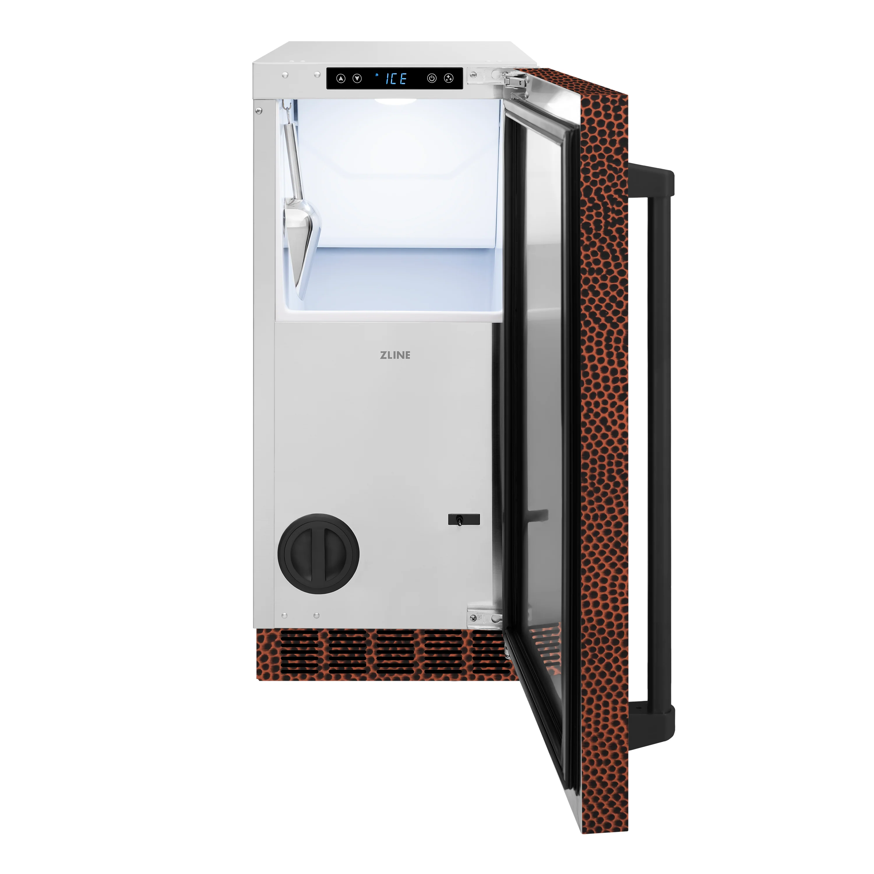 ZLINE 15 in. Touchstone Clear Cube Ice Maker with Drain Pump and Hand Hammered Copper Door (ICCD-HH-15) - Image 4