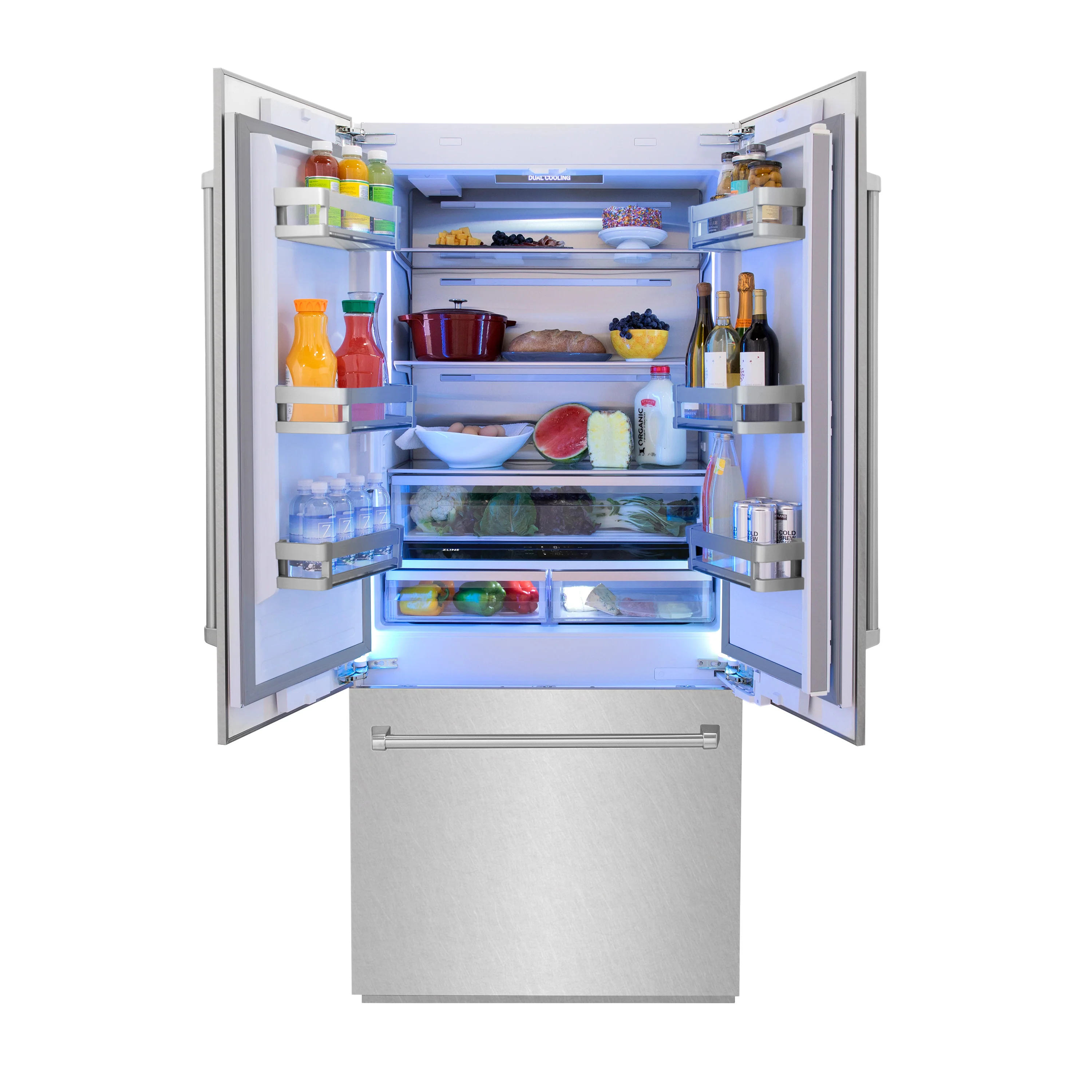 ZLINE 36 in. 19.6 cu. ft. French Door Built-In Bottom Freezer Refrigerator with Water Dispenser and Ice Maker in Satin Stainless Steel (RBIV-SN-36) - Image 2