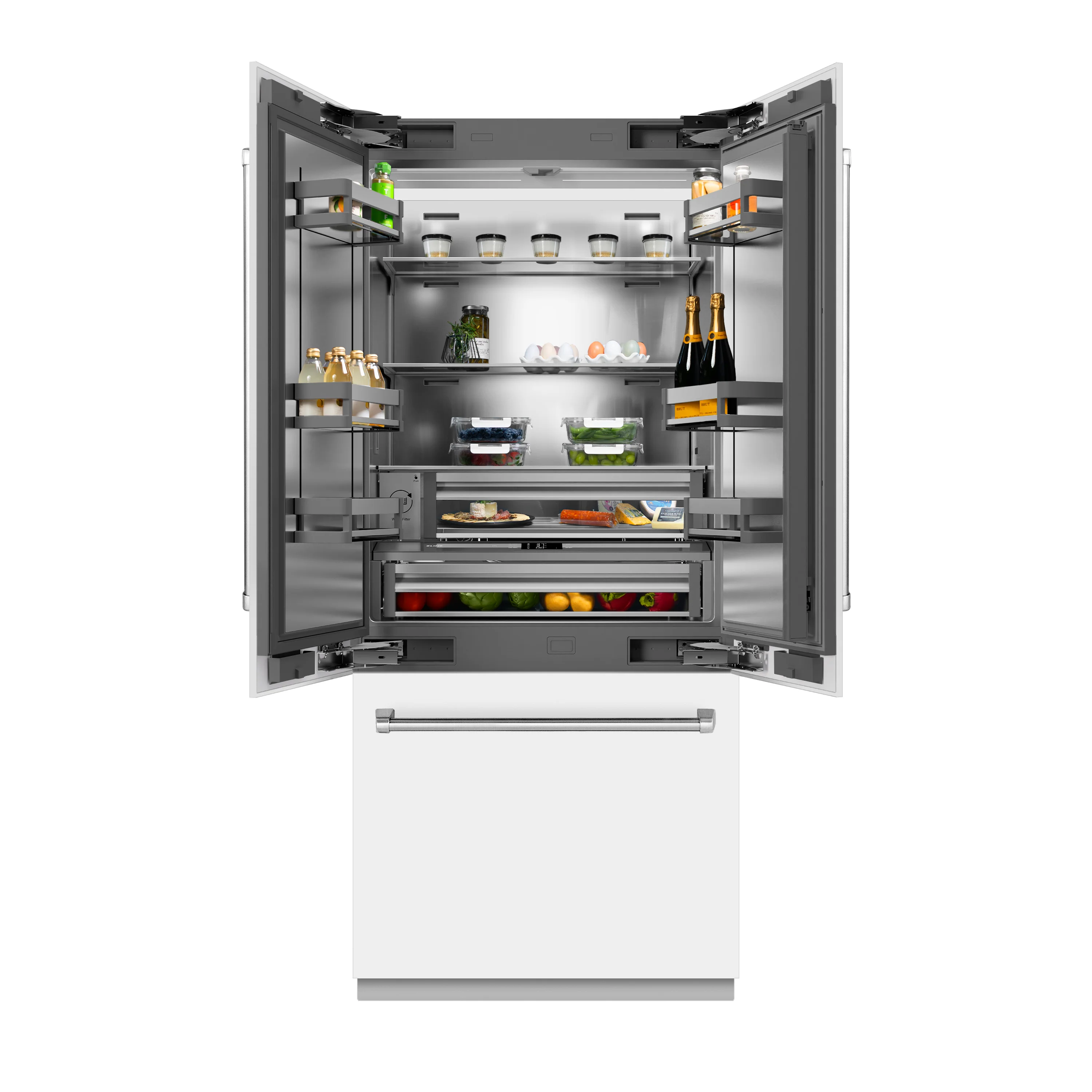 ZLINE 36 in. 19.6 cu. ft. French Door Built-In Bottom Freezer Refrigerator with Water Dispenser and Ice Maker in White Matte with Stainless Steel Interior (SRBIV-WM-36) - Image 3