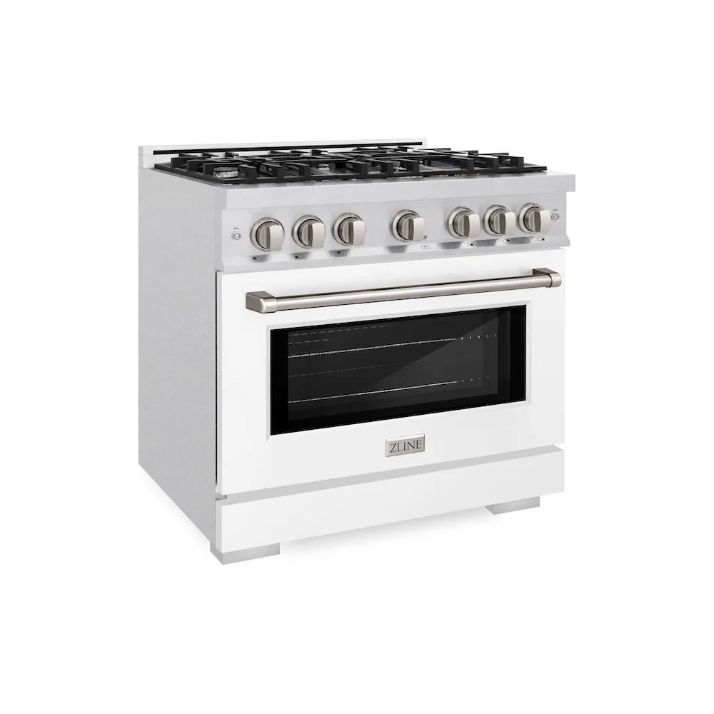 ZLINE 36 in. 5.2 cu. ft. Select Dual Fuel Range with 6 Burner Gas Cooktop and Electric Convection Oven in Satin Stainless Steel with White Matte Door, Open Box-Great Condition